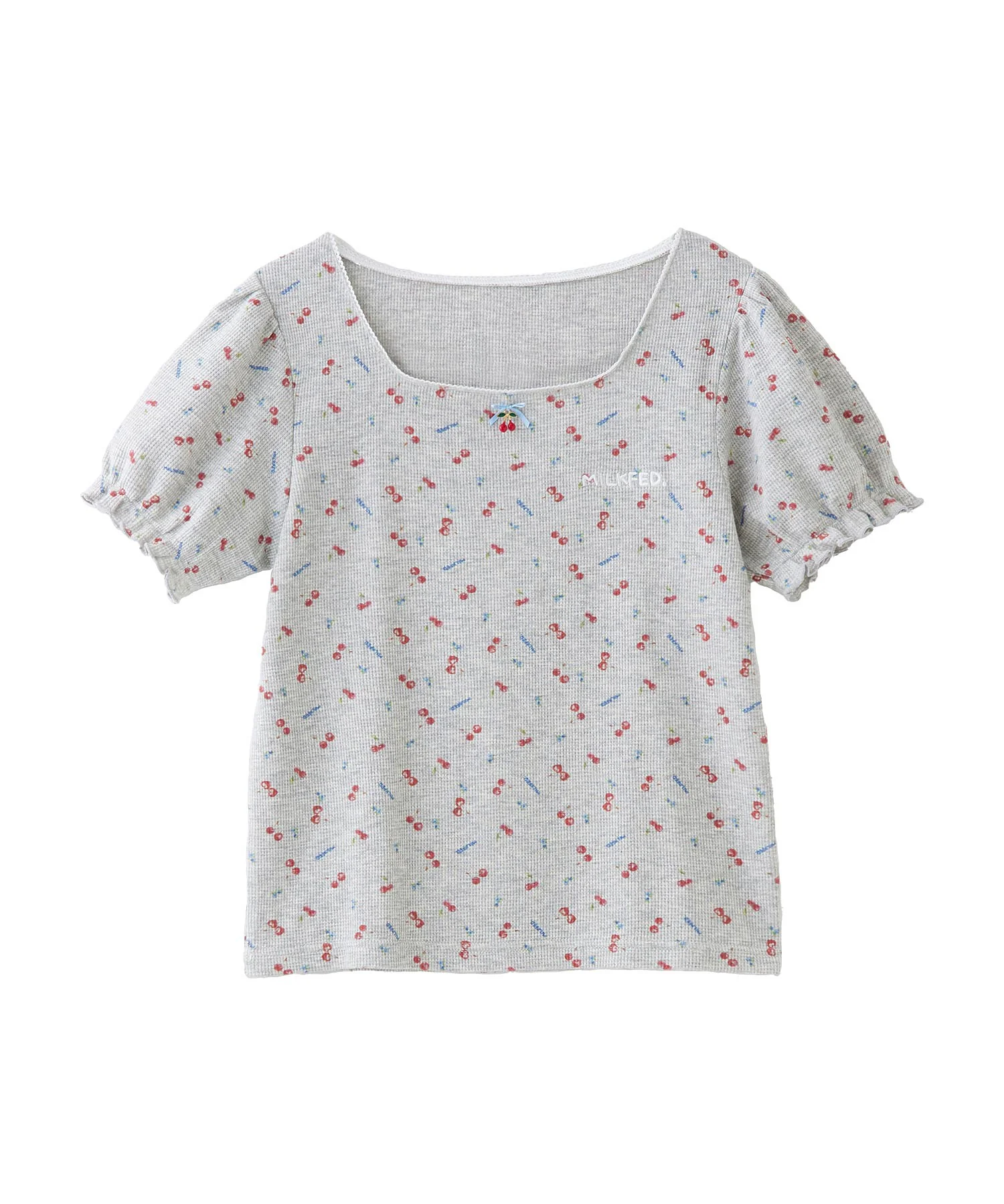 CHERRY PATTERN WAFFLE PUFF SLEEVES TOP - Image 2