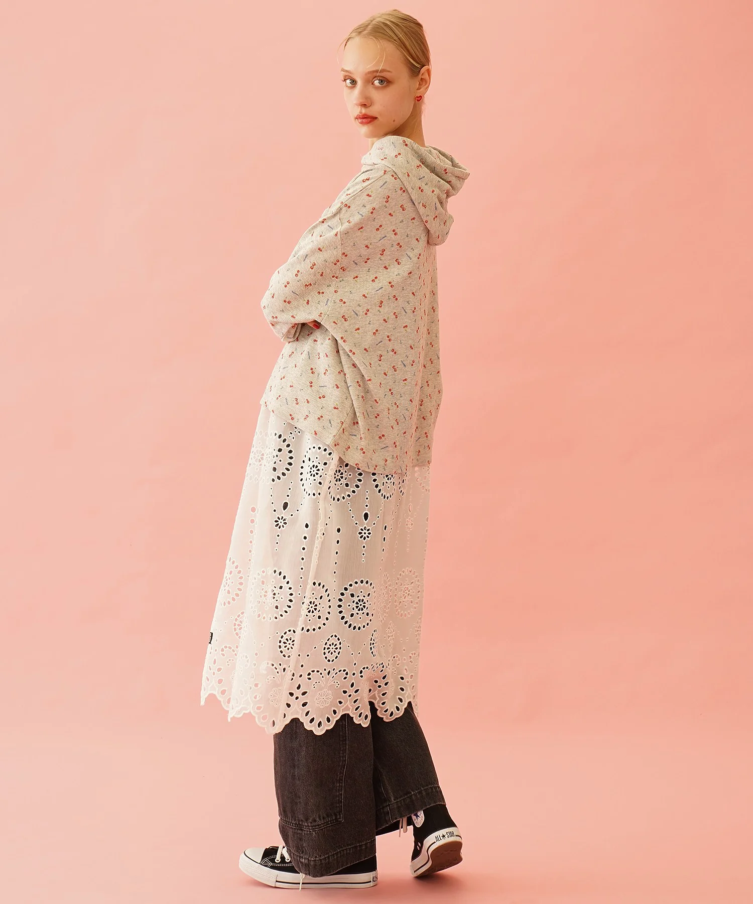 CHERRY PATTERN WAFFLE HOODIE TOP - Image 12