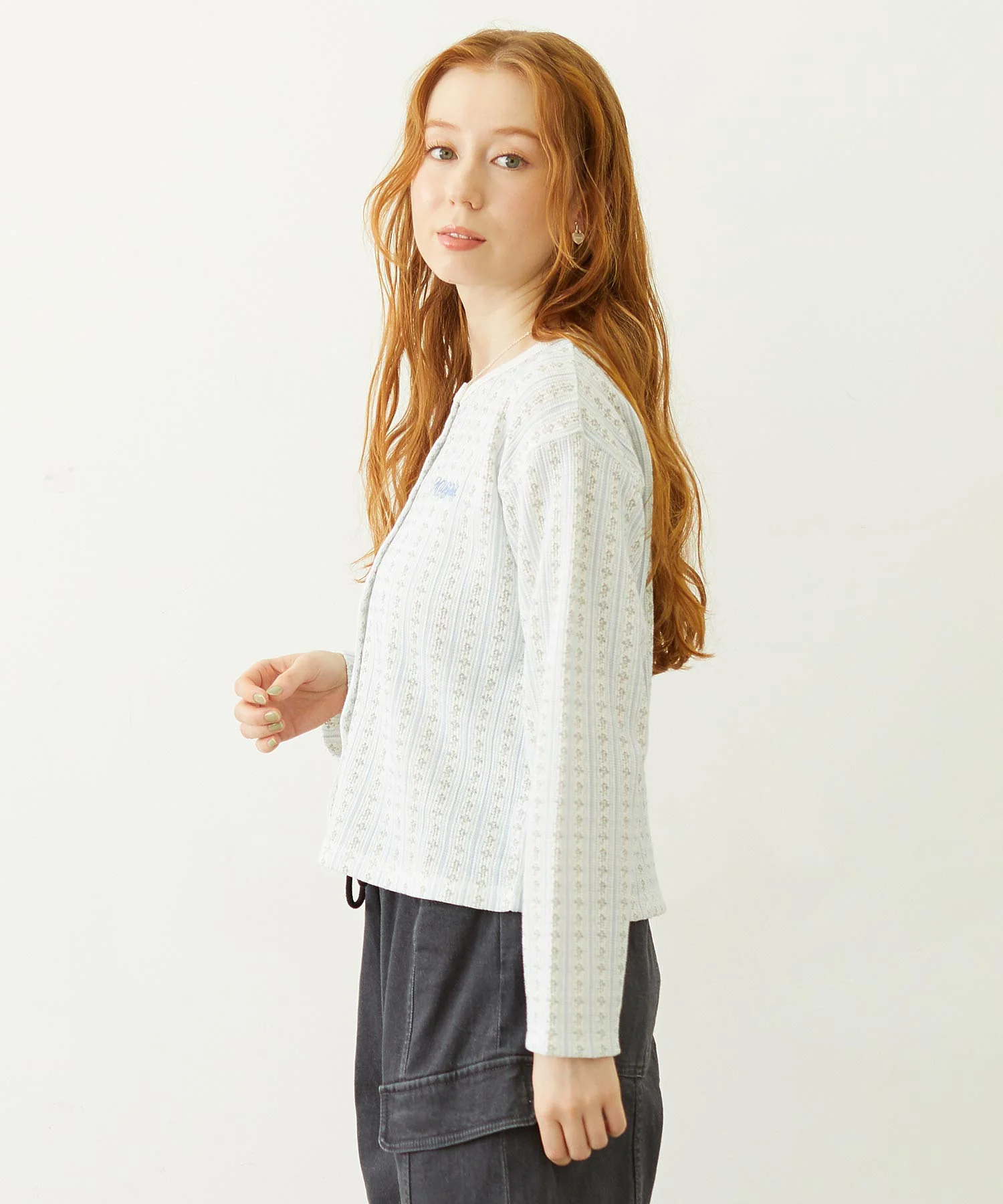 STRIPED FLOWER WAFFLE CARDIGAN - Image 3