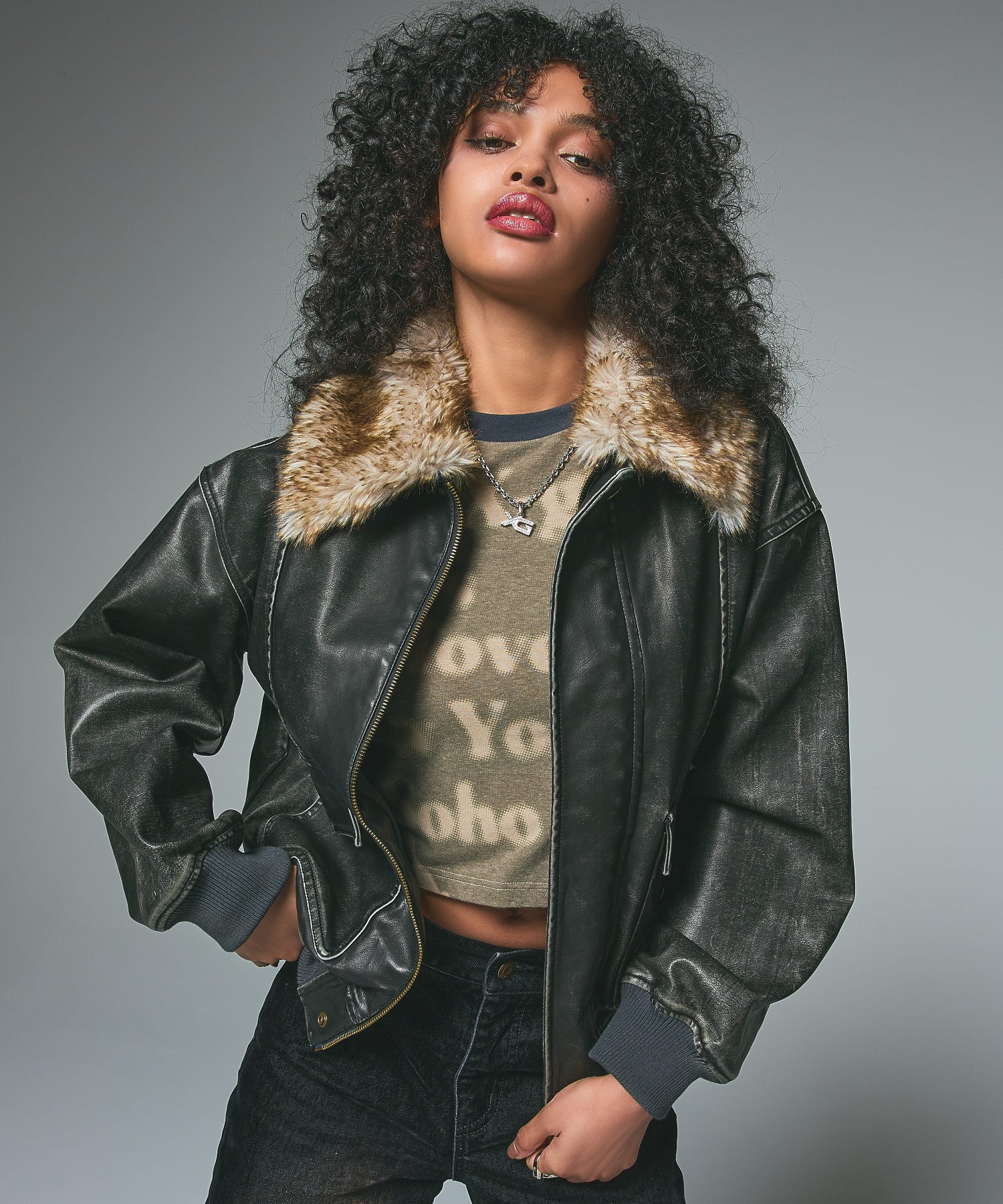 EMBOSSED LOGO PATCH DISTRESSED FAUX LEATHER JACKET - Image 4