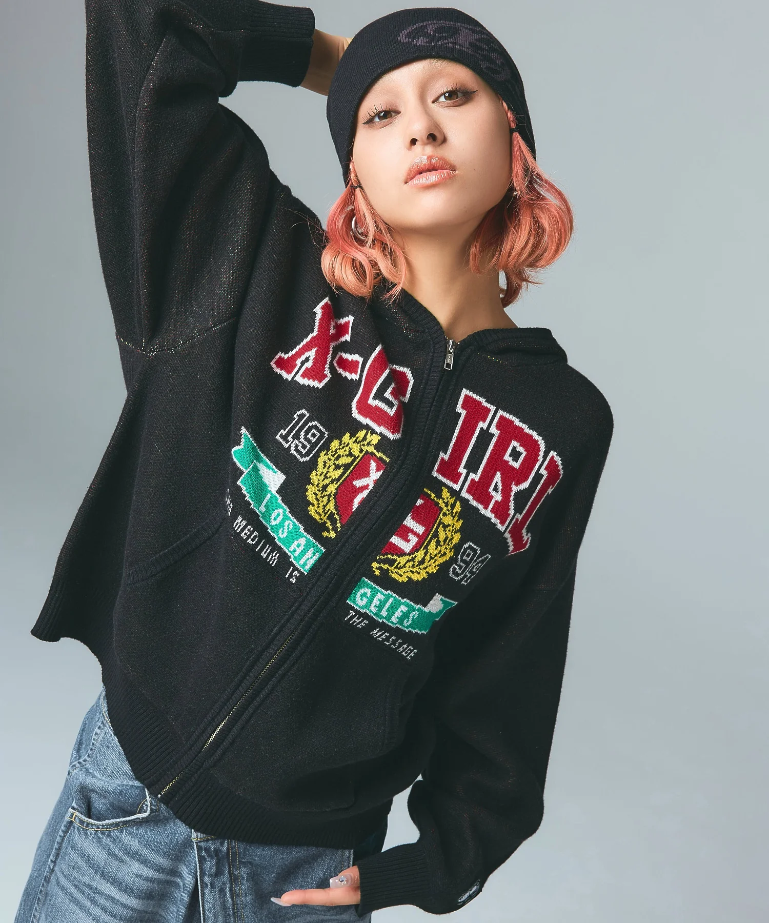 COLLEGE LOGO JACQUARD ZIP UP KNIT HOODIE - Image 5