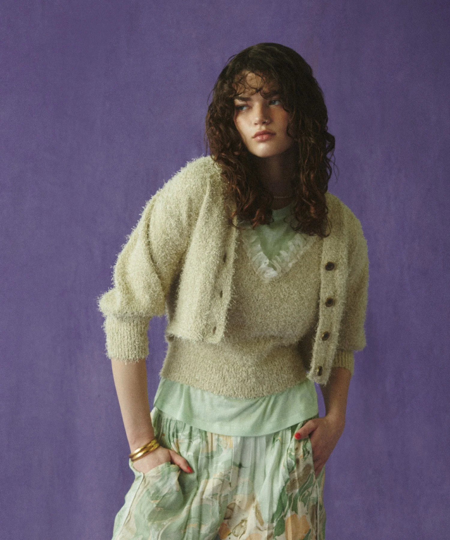 CREOLME/LAME FEATHER KNIT CARDIGAN
